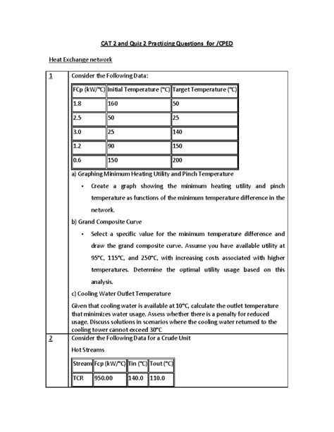 Fall 2025-26 VL BCHE308L 00100 Heat Exchange Network Practice Questions ...