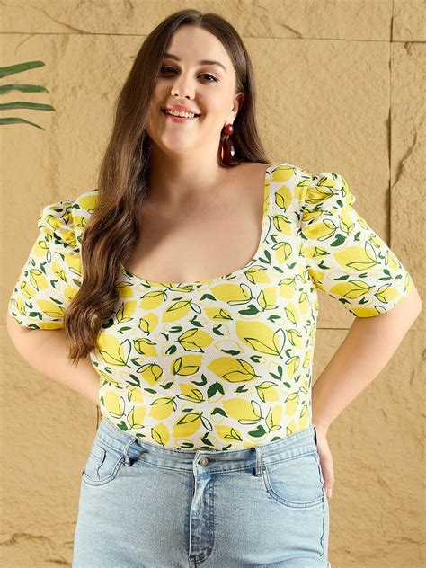 Women White & Yellow Lemon Printed Scoop Neck Puff Sleeves Cotton ...