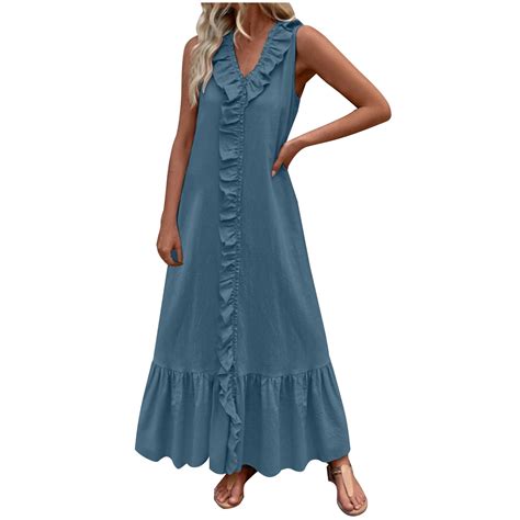 ATOYSOY Womens Summer Dresses V-Neck Long Ruffled Dress Sleeveless ...