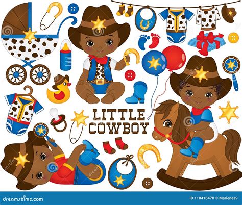 Vector Cowboy Set. Set Includes Cute Little African American Baby Boys ...