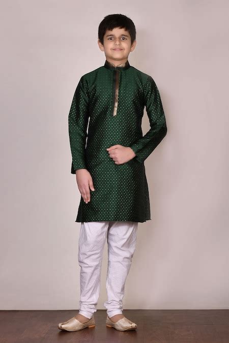 Buy Green Silk Embroidery Textured Kurta With Churidar For Boys by ...