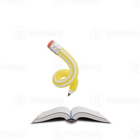 Yellow pencil writing in open book on transparent background. 3d ...