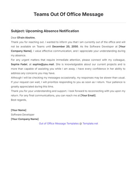 Free Teams Out Of Office Message Template to Edit Online