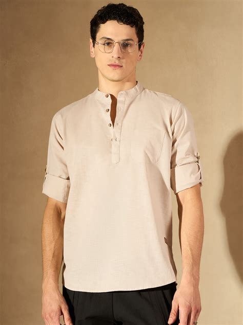 Beige: Band Collar Short Kurta – Dennison Fashion India
