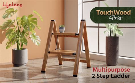 Lifelong 2 Steps Ladder for Home, Wooden Finish Coating, Foldable ...
