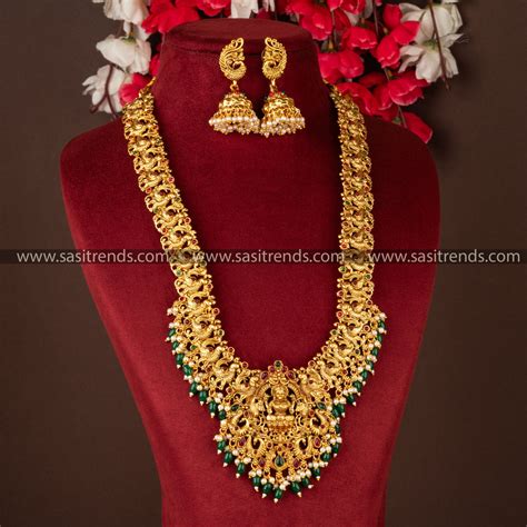 Classic Matt Gold Peacock Lakshmi Pendant Long Necklace Jewellery Set ...