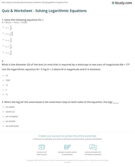 Logarithmic Equations Worksheet
