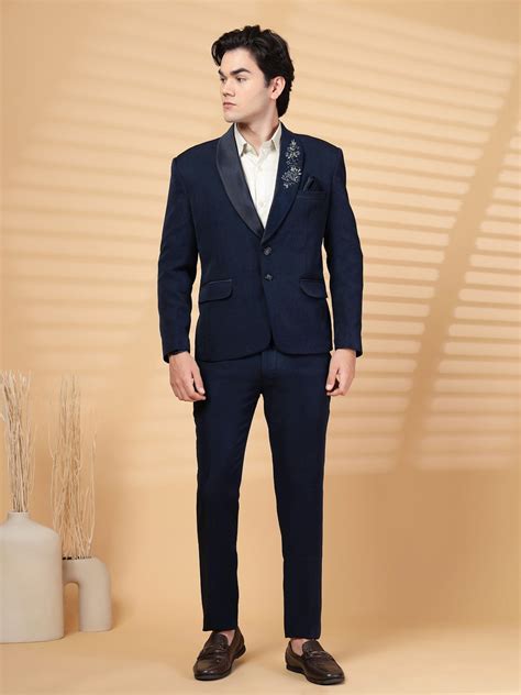 Blue Solid Embroidery Single-Breasted Two-Piece Party Suit – KLOTTHE®