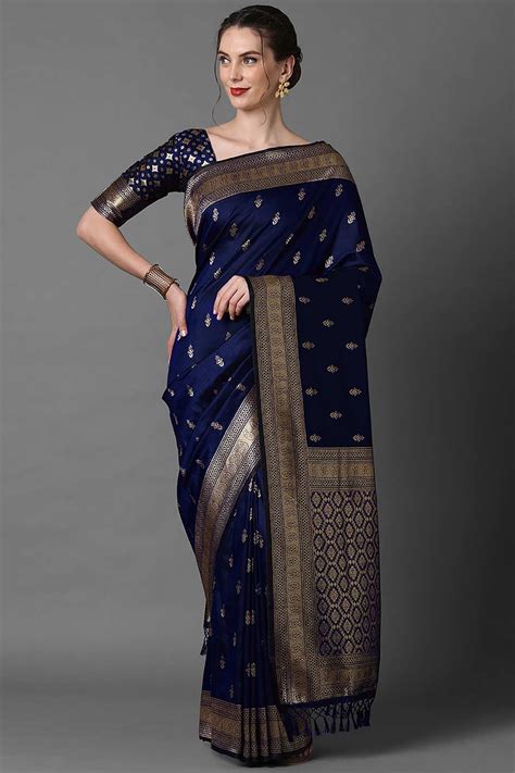 Ana Navy Blue Silk Blend Banarasi One Minute Saree Online – ONE MINUTE ...