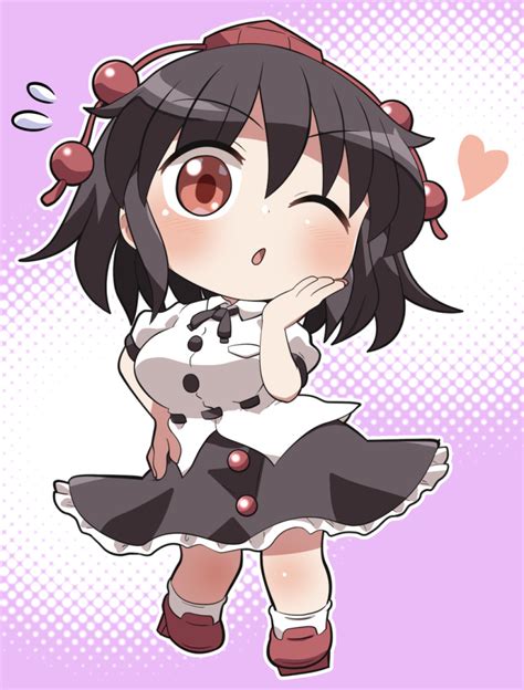 Safebooru - 1girl black skirt blowing kiss blush breasts brown hair ...