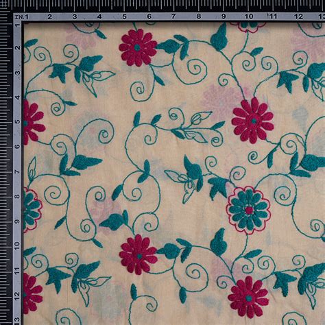 Buy (Pre-Cut 2.55 Mtr) Cream Color Embroidered Cotton Voile Fabric ...