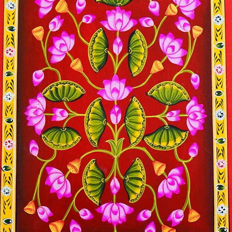 Lotus Jhal Pichwai Red Background 40x31cm - Culturati
