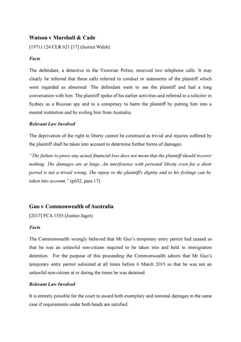 Case Summaries- Australian Contract Law - Watson v Marshall & Cade ...