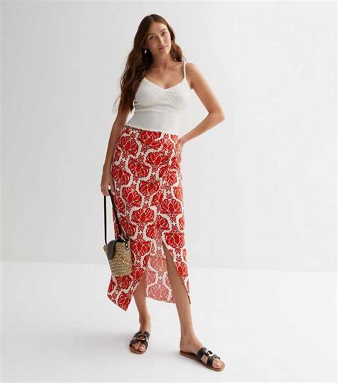 Red Tile Print Twist Front Midi Skirt | New Look