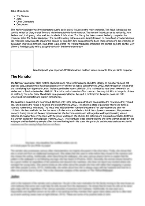 SOLUTION: The yellow wallpaper character analysis - Studypool