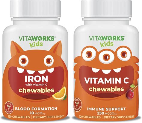 Amazon.com: VitaWorks Kids Iron 10mg + Vitamin C Chewables + Vitamin C 250mg Chewables Bundle ...