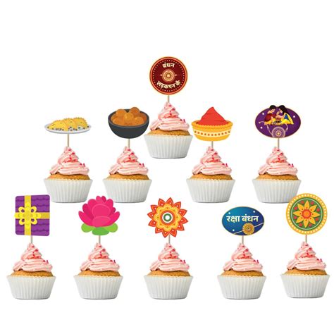 Festiko® Set of 10 Pcs Raksha Bandhan Ki Shubhkamnayein Cupcake Topper ...