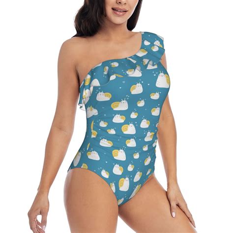 One Piece Swim Suits for Women 2024 - Cute Snail Print Blue Ruffle ...