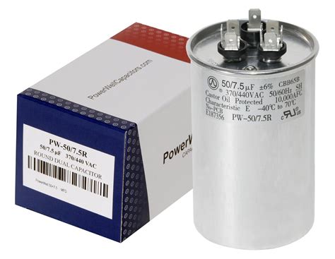PowerWell 50+7.5 uf MFD 370 or 440 Volt Dual Run Round Capacitor PW-CAP ...