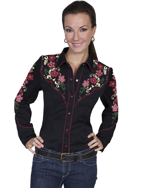 Scully® Womens Black Floral Embroidered Long Sleeve Western Blouse ...