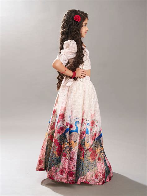 Bitiya by Bhama Girls Beige Digital Peacock Printed Ready to wear Lehe