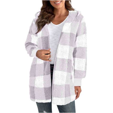 Felirenzacia Womens Plaid Jacket Long Sleeve Zip Fleece Hooded Jackets ...