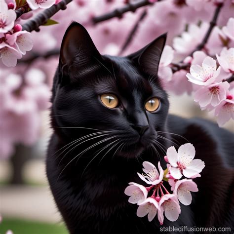 Black Cat Smells Cherry Blossoms | Stable Diffusion Online