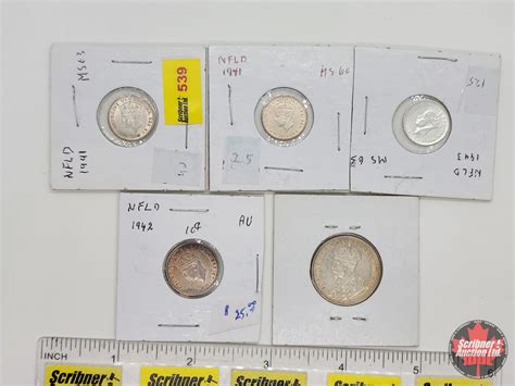 Newfoundland Coins (5): - Five Cent 1941; 1941; 1943 - Ten Cent 1942 ...