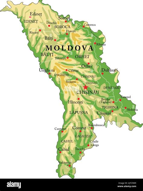 Highly detailed physical map of Moldova,in vector format,with all the relief forms,regions and ...