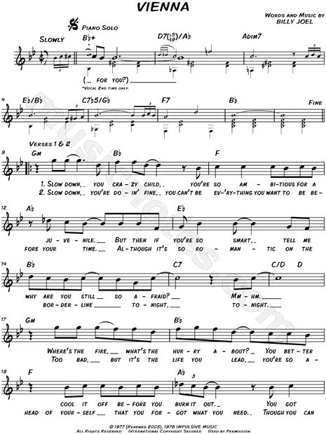 Billy Joel "Vienna" Sheet Music (Leadsheet) in Bb Major - Download ...