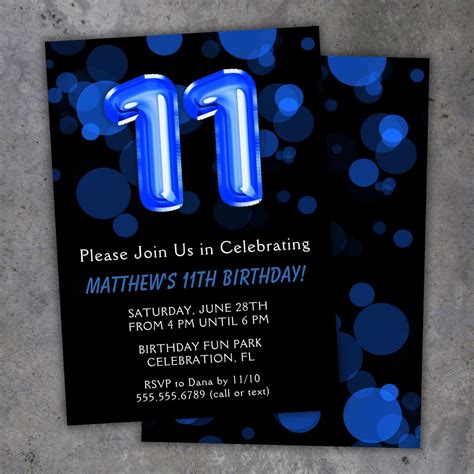 11th Birthday Party Invitation Blue and Black Balloons Birthday Party ...