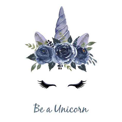 Premium Vector | Watercolor head of unicorn with floral wreath navy blue