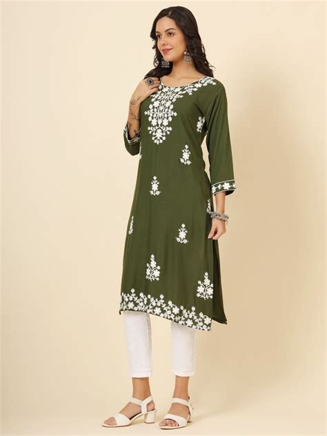 Shop Olive Green Color Rayon Office Wear Kurti From Ethnic Plus