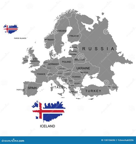 Territory of Europe Continent. Iceland. Separate Countries with Flags ...