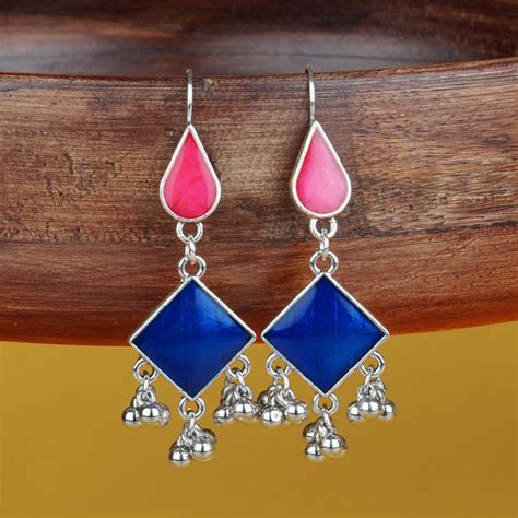 Silver Long Earings | Ethnic | Minakari | Blue | Pink | Hooks – Tribal Zone