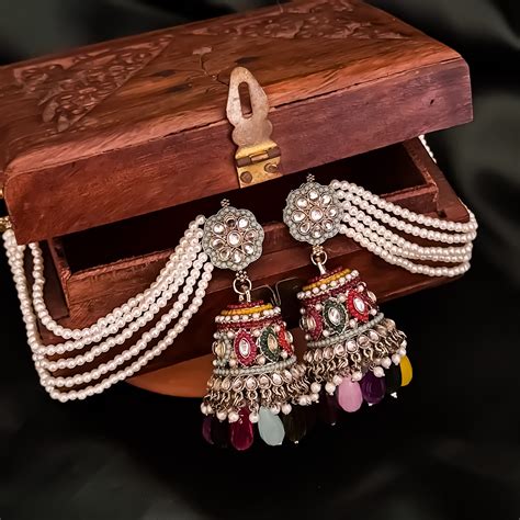 Meher Jadau Reverse AD Jhumka Earrings with Earchain - Multi – The ...
