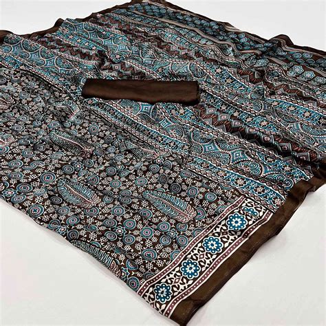 Black Ajrakh Printed Satin Saree