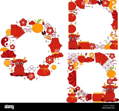 China new year 2033 bull circle round frame set. Vector graphic line ...