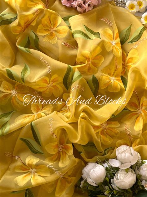 Sunkissed Daisy Hand Painted Organza Saree – Threads & Blocks
