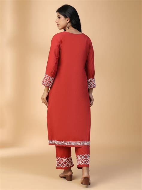Hand Embroidered Cotton Angrakha style Lucknow Chikan Rust Red Kurta S ...
