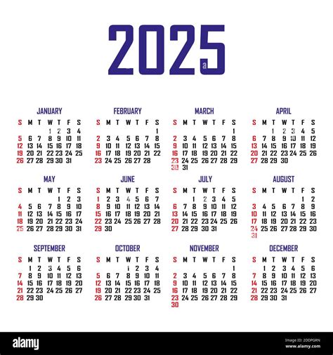 Kalender 2025. Die Woche beginnt am Sonntag. Einfache Kalendervorlage ...