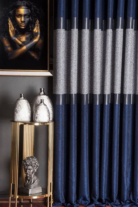 Navy Blue & Gray Textured Curtains – Elegant Drape, Custom Size ...