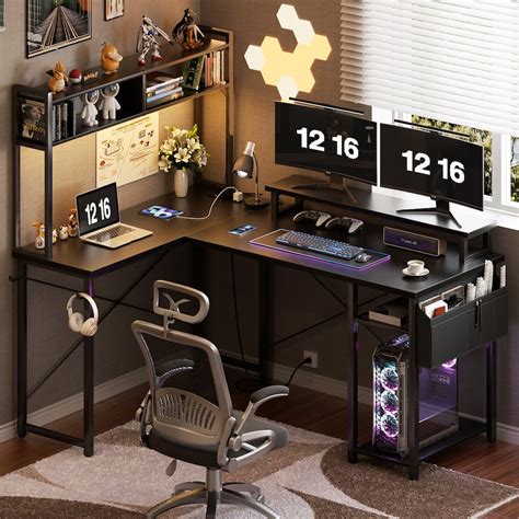 L Shaped Desk with Full Hutch and Power Hub, Corner Desk Computer Desk ...