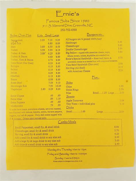 Menu at Ernie's Famous Subs restaurant, Greenville