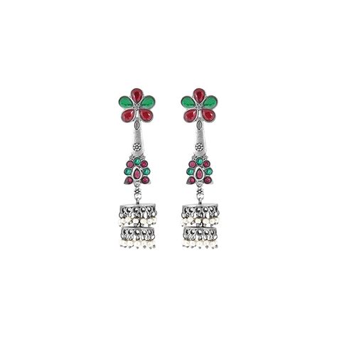 Buy Teejh Lipika Red & Green Silver Oxidised Earrings Online