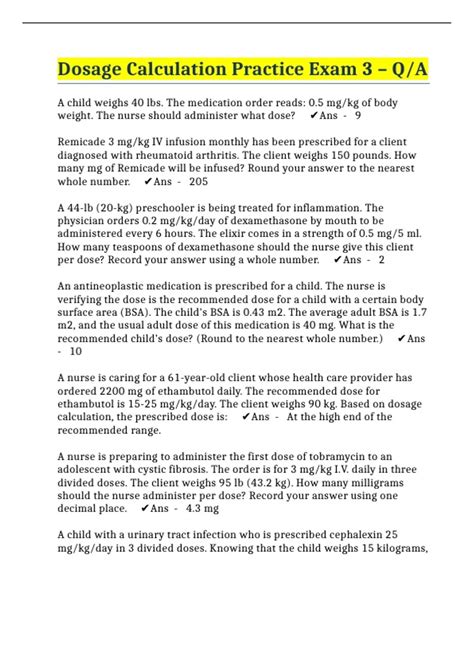 Dosage Calculation Practice Exam 3 – Q/A - Dosage Calculations - Stuvia US
