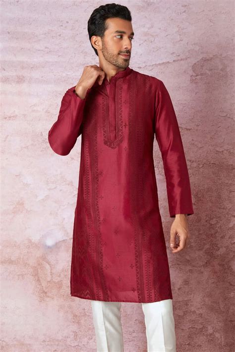 Timeless Maroon: Chanderi Silk Kurta with Resham Embroidery, Tone on T ...
