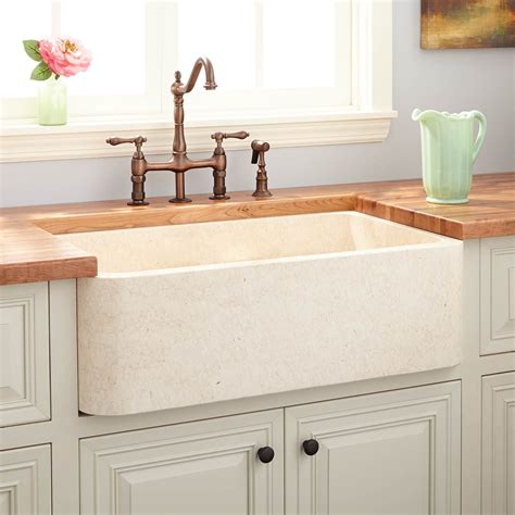 33" Polished Marble Farmhouse Sink - Cream Egyptian | Kitchen marble ...