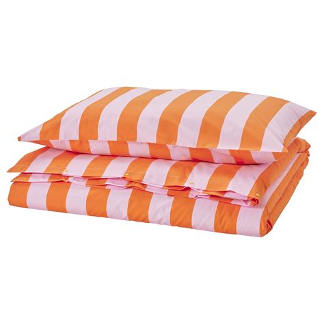 SLÅNHÖSTMAL duvet cover and pillowcase(s), orange/pink/stripe, Twin - IKEA