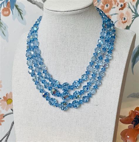 Vintage 1950s Blue Crystal Bead Necklace | Triple Strand Faceted Glass ...